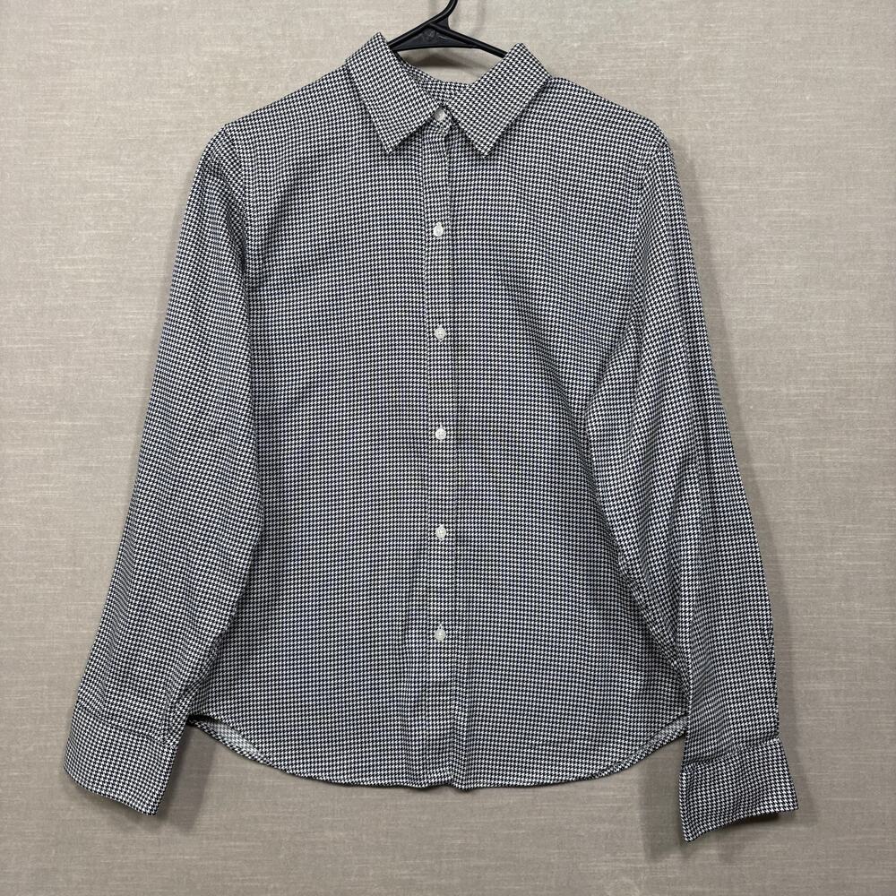 Chaps Womens Classic Houndstooth Button Shirt Large Black White 100% Cotton
